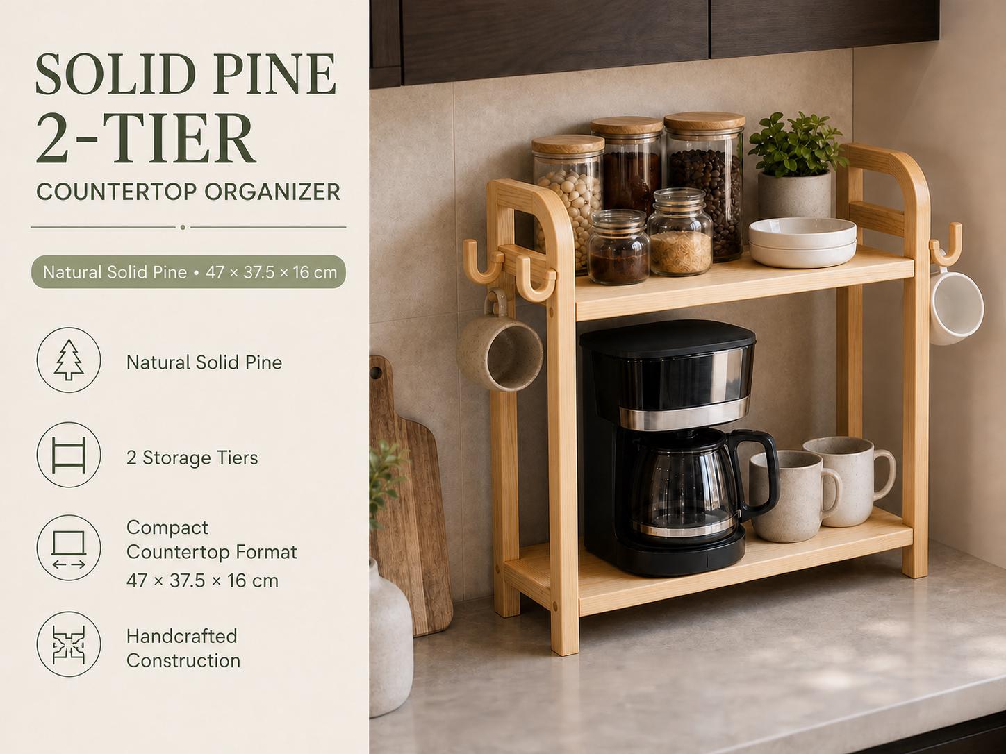 Wooden Countertop Coffee Organizer with Hooks
