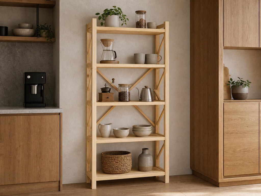Natural Pine Wood Kitchen Shelving Unit with Open Design