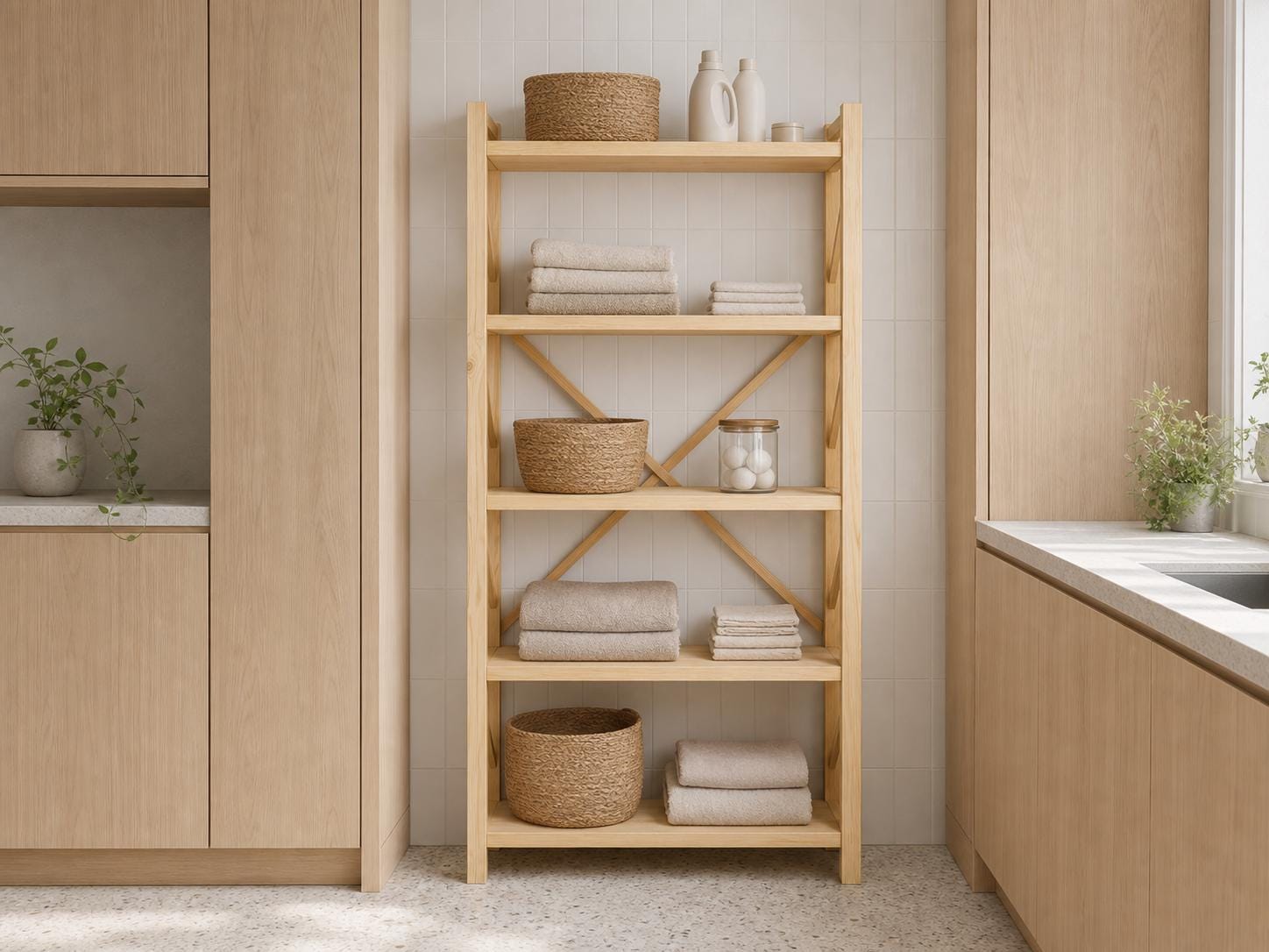 Natural Pine Wood Kitchen Shelving Unit with Open Design