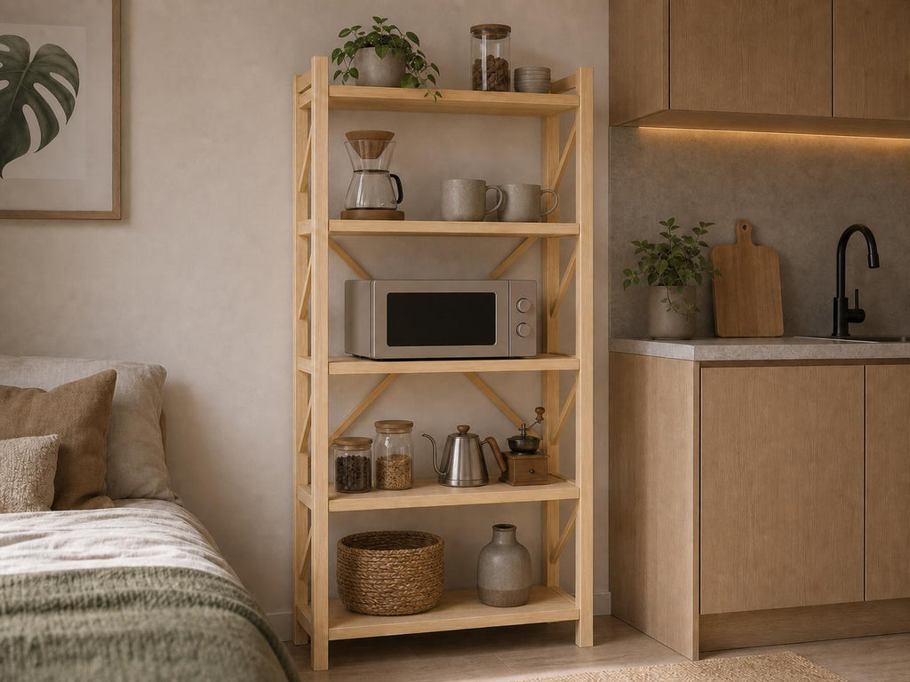 Natural Pine Wood Kitchen Shelving Unit with Open Design