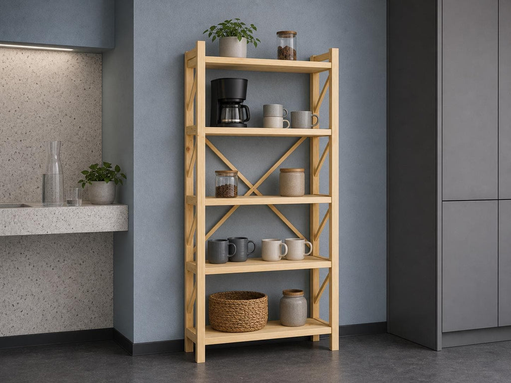 Natural Pine Wood Kitchen Shelving Unit with Open Design