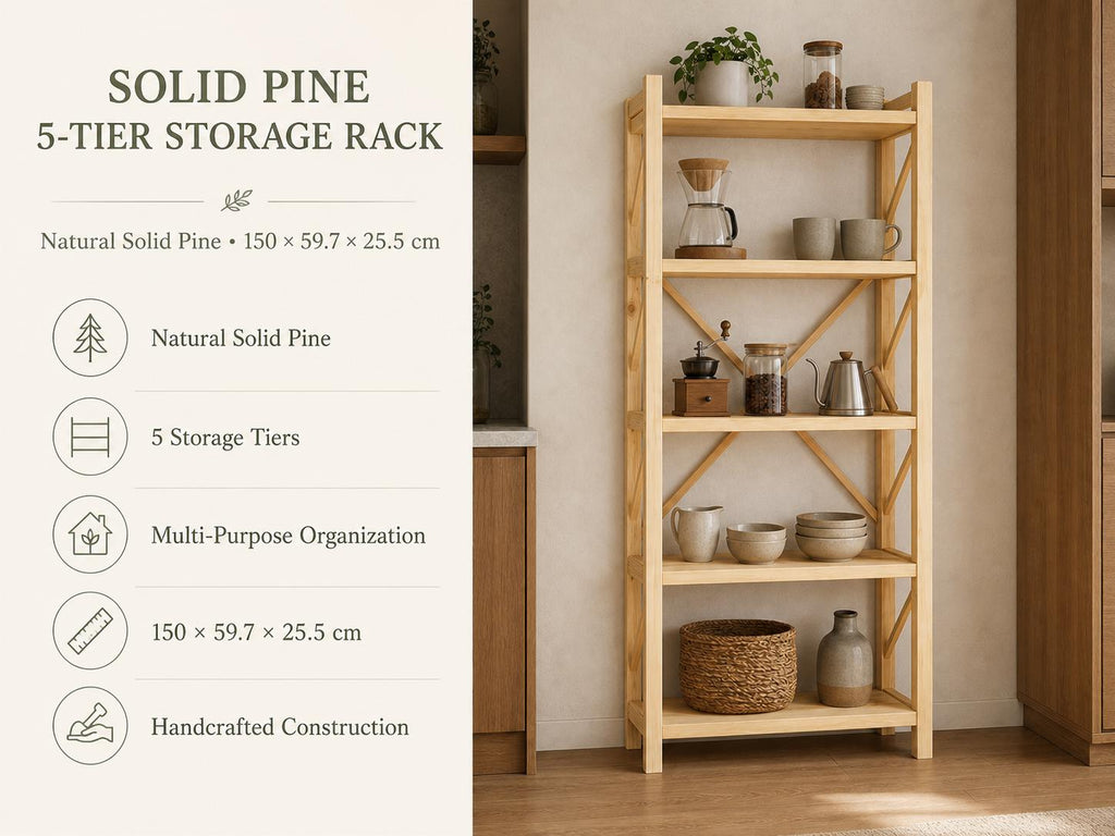 Natural Pine Wood Kitchen Shelving Unit with Open Design