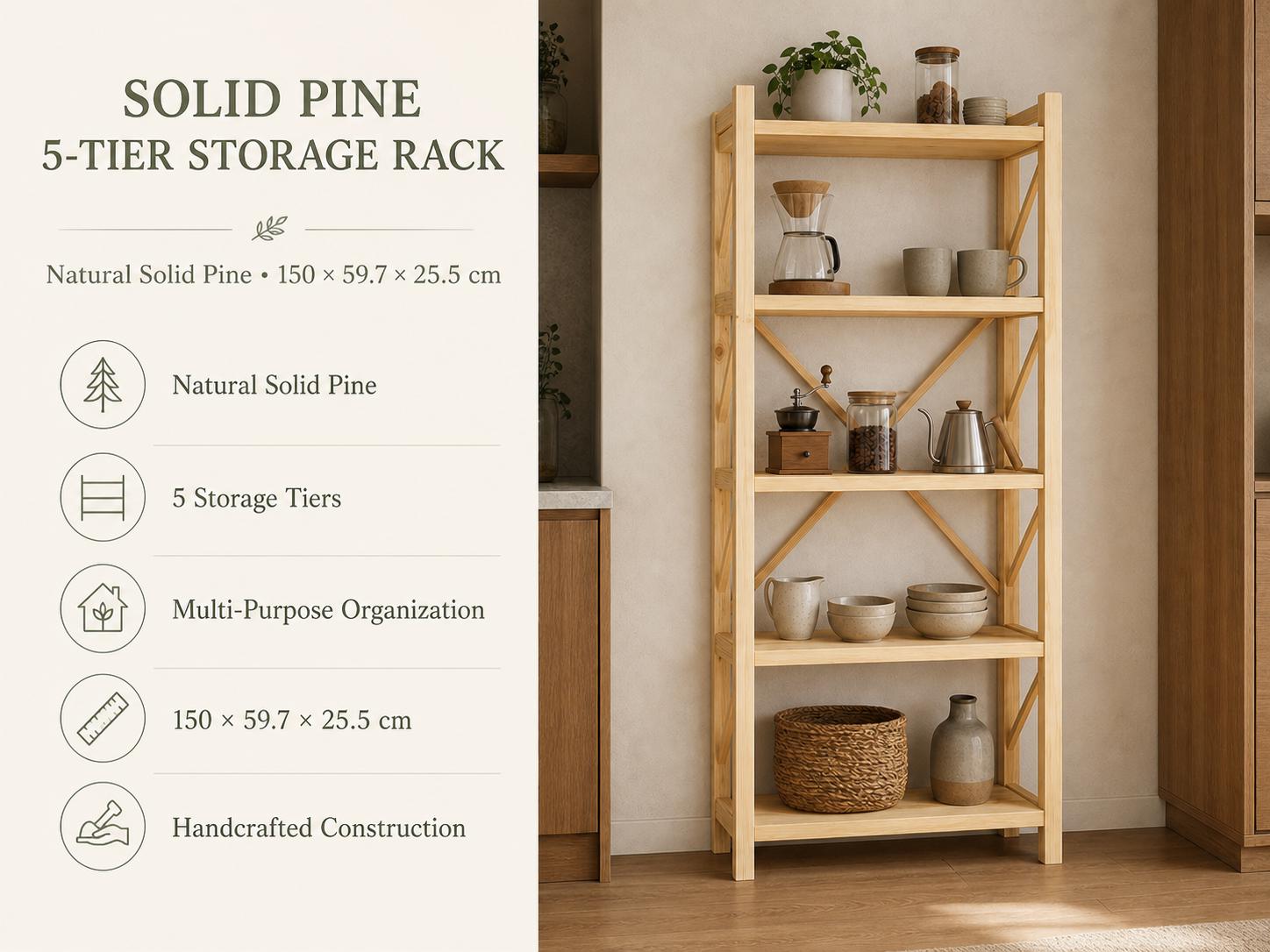 Natural Pine Wood Kitchen Shelving Unit with Open Design