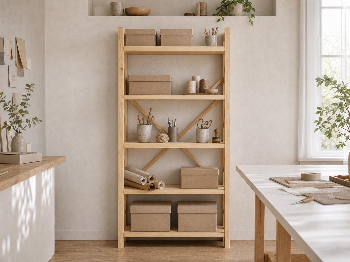 Natural Pine Wood Kitchen Shelving Unit with Open Design