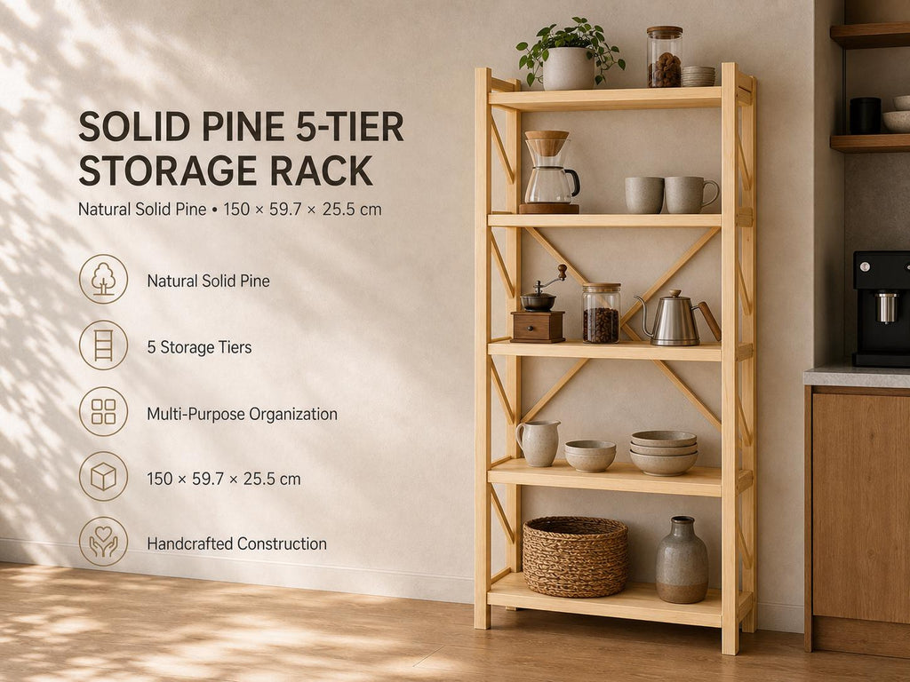 Natural Pine Wood Kitchen Shelving Unit with Open Design