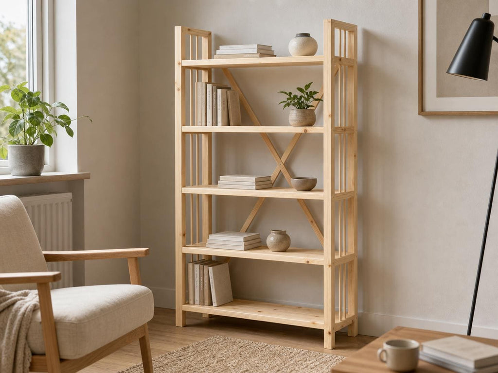 Solid Pine Open Bookcase, Natural Wood, Minimalist Modern Furniture