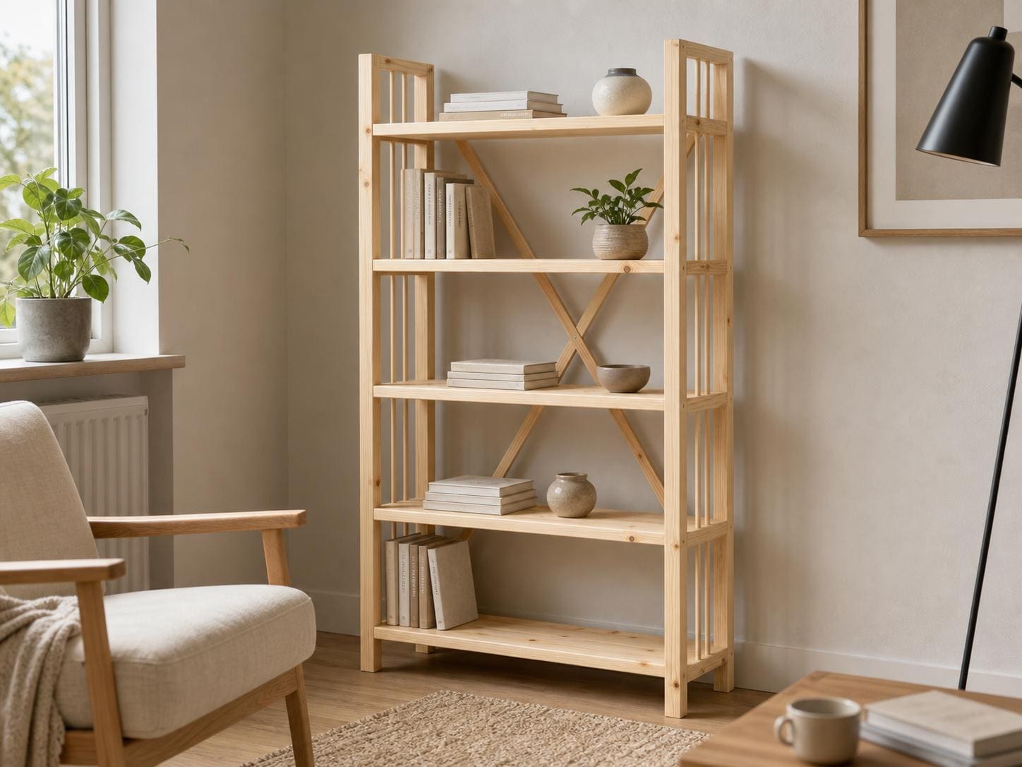 Solid Pine Open Bookcase, Natural Wood, Minimalist Modern Furniture