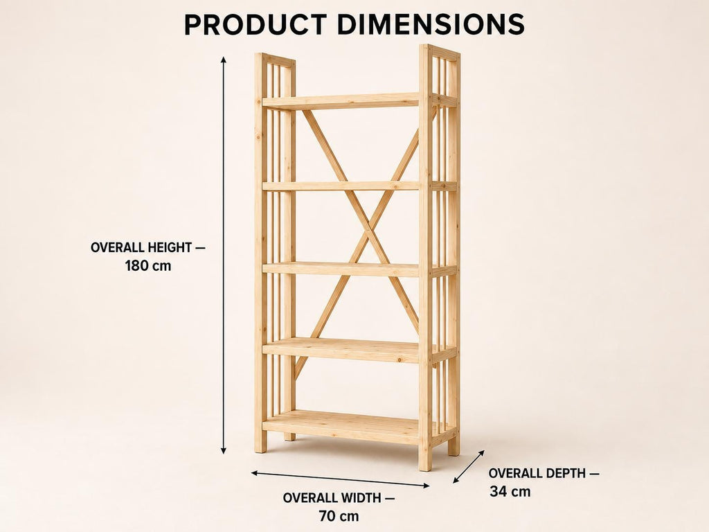 Solid Pine Open Bookcase, Natural Wood, Minimalist Modern Furniture