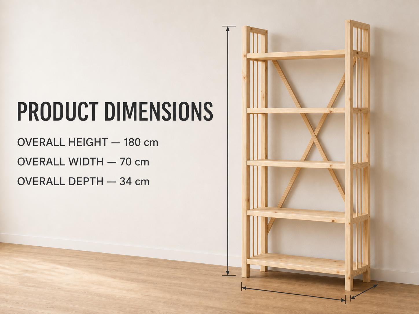 Solid Pine Open Bookcase, Natural Wood, Minimalist Modern Furniture