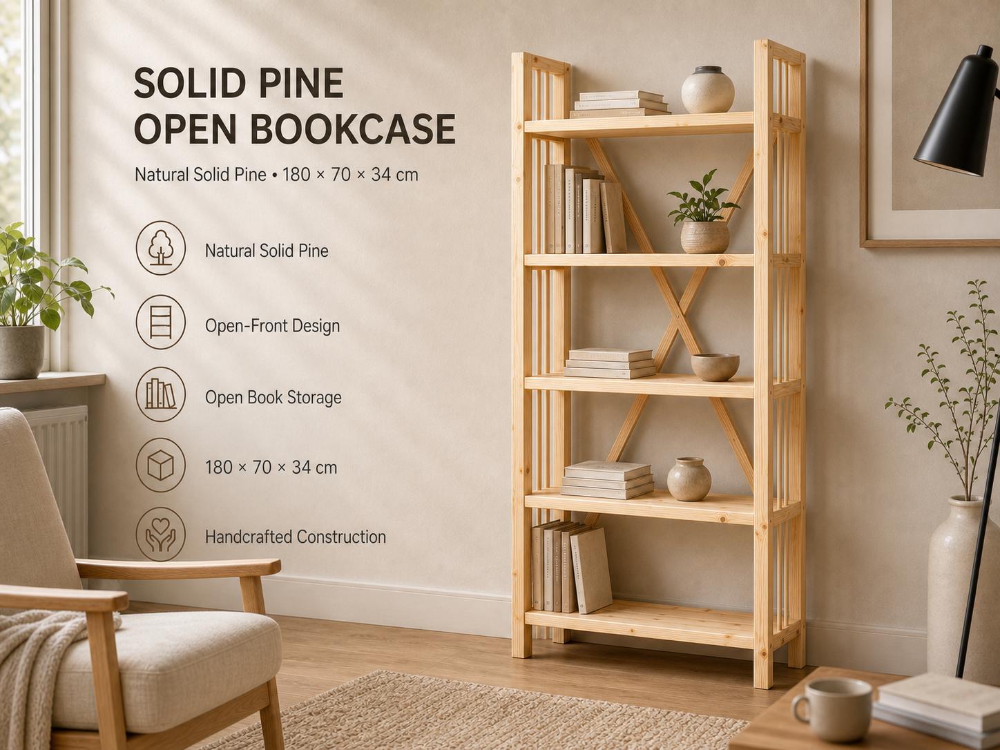 Solid Pine Open Bookcase, Natural Wood, Minimalist Modern Furniture