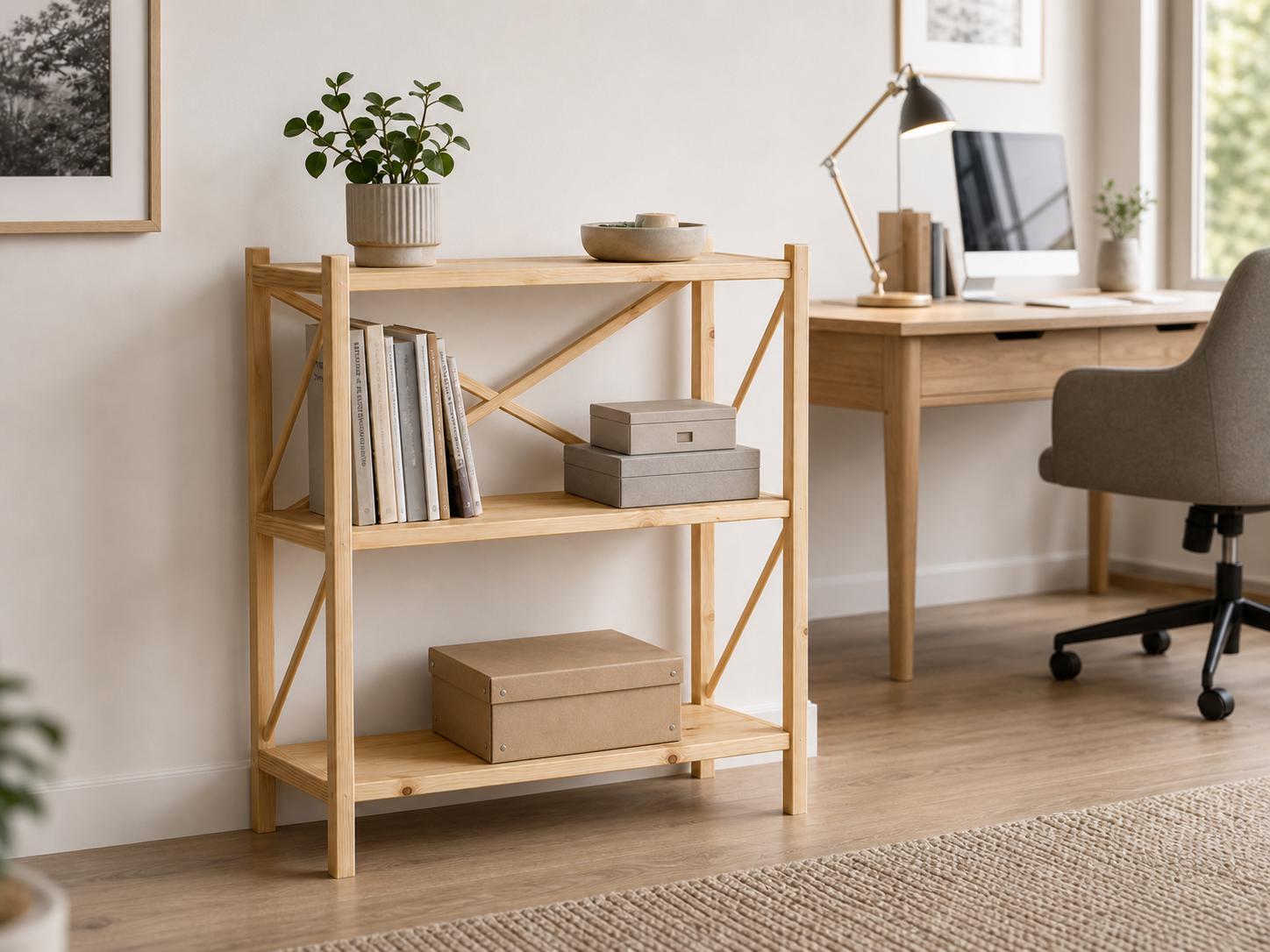 Solid Pine 3-Shelf Bookcase | Natural Wood Open Storage Furniture