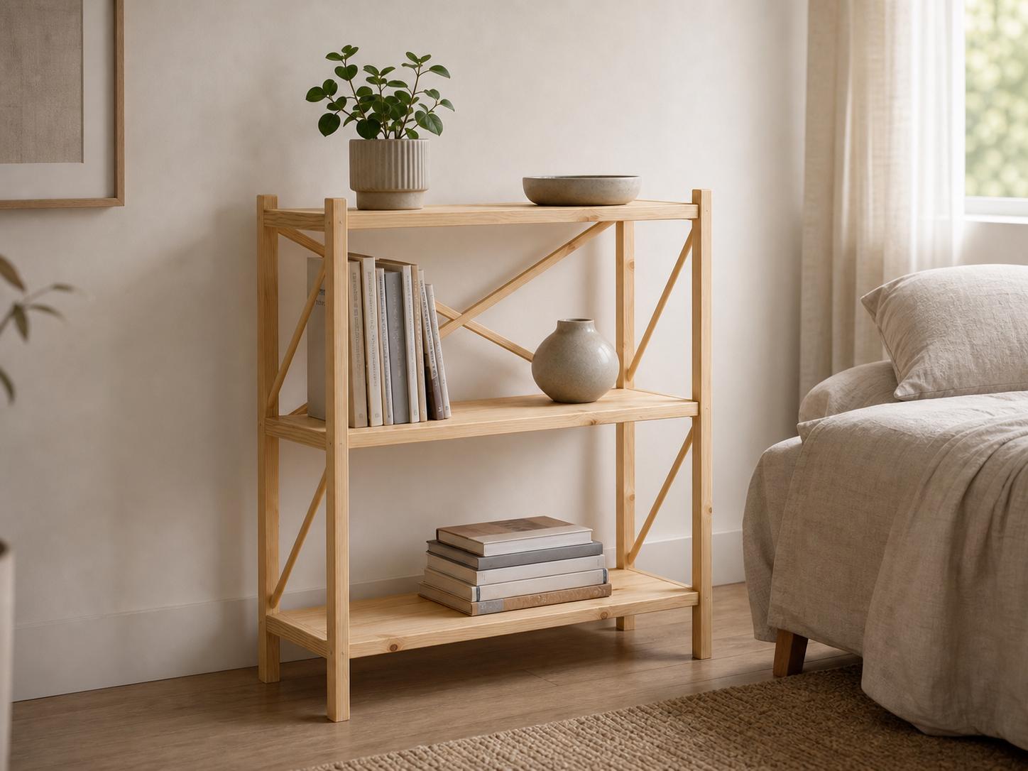 Solid Pine 3-Shelf Bookcase | Natural Wood Open Storage Furniture