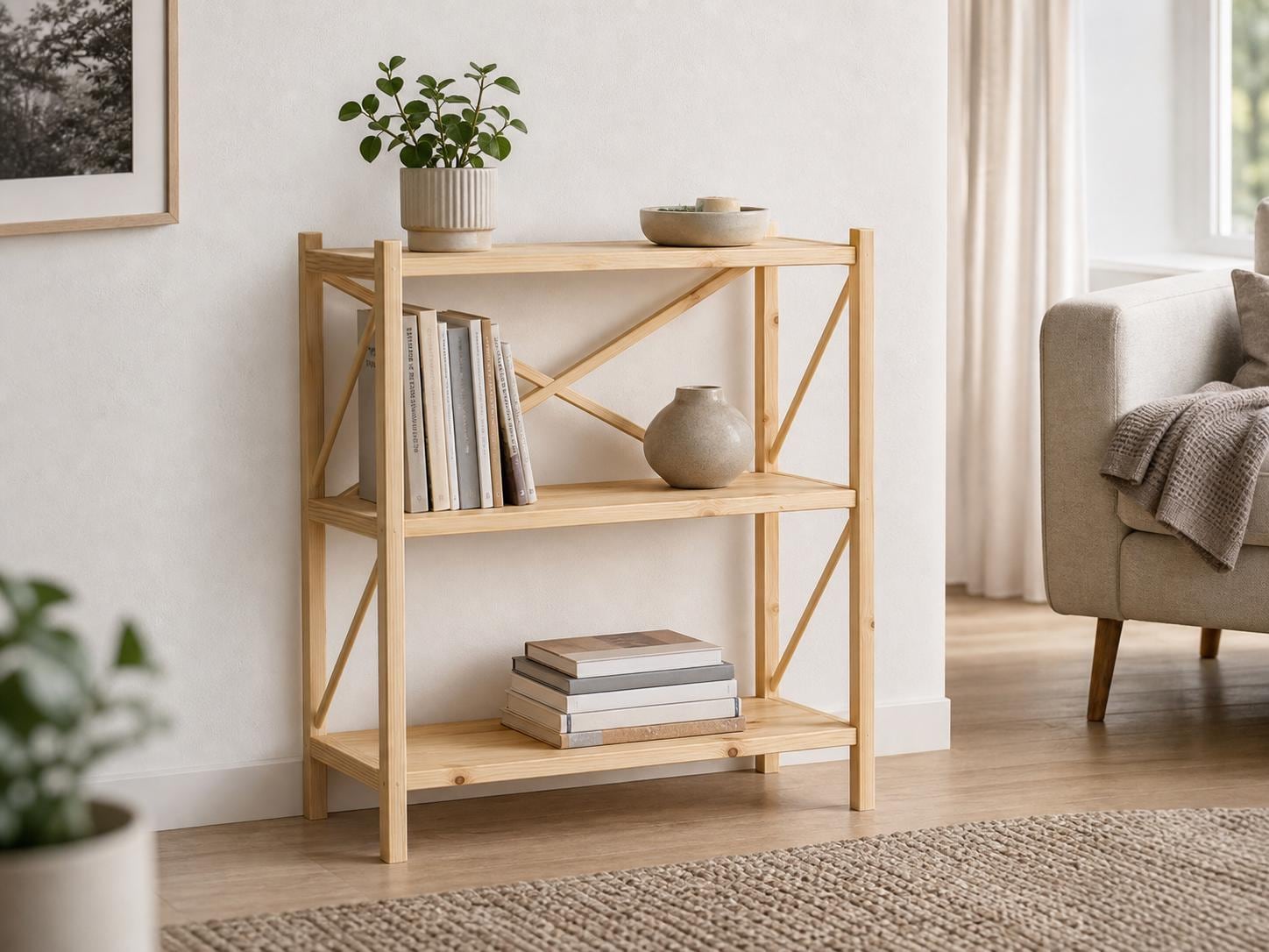 Solid Pine 3-Shelf Bookcase | Natural Wood Open Storage Furniture