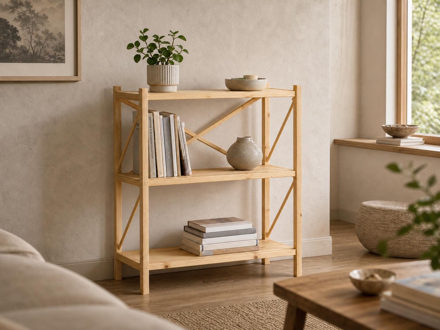 Solid Pine 3-Shelf Bookcase | Natural Wood Open Storage Furniture
