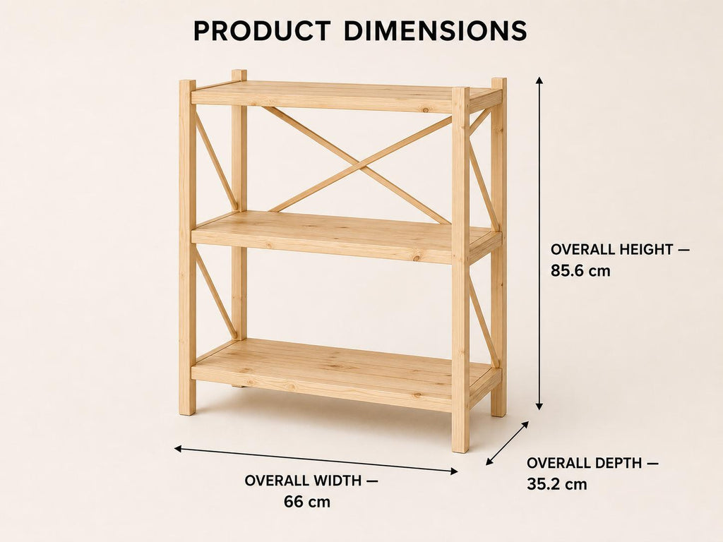 Solid Pine 3-Shelf Bookcase | Natural Wood Open Storage Furniture