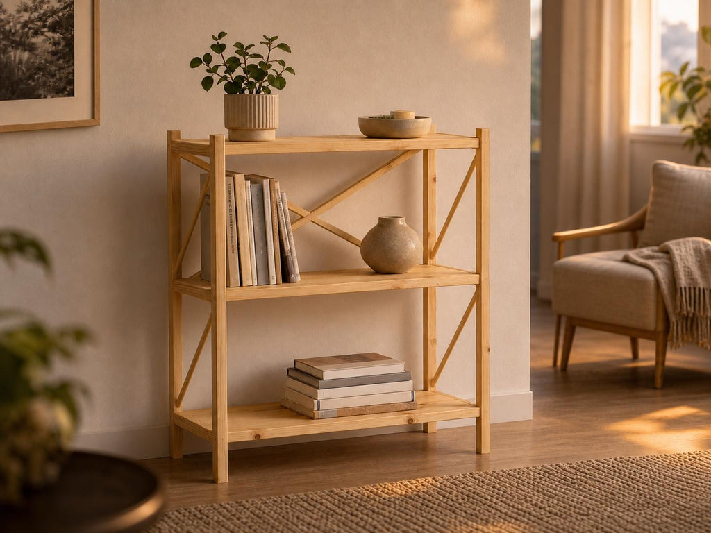 Solid Pine 3-Shelf Bookcase | Natural Wood Open Storage Furniture