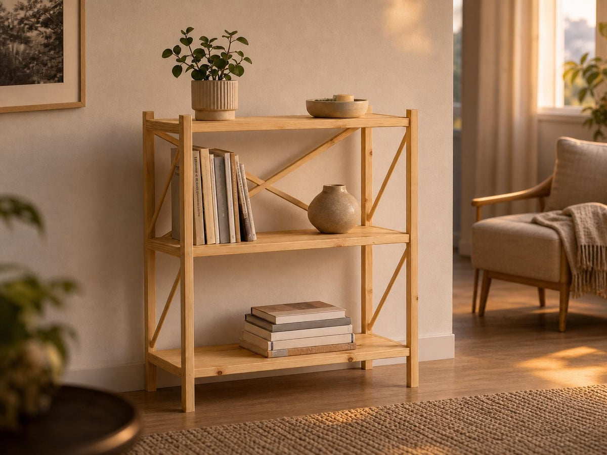 Solid Pine 3-Shelf Bookcase | Natural Wood Open Storage Furniture