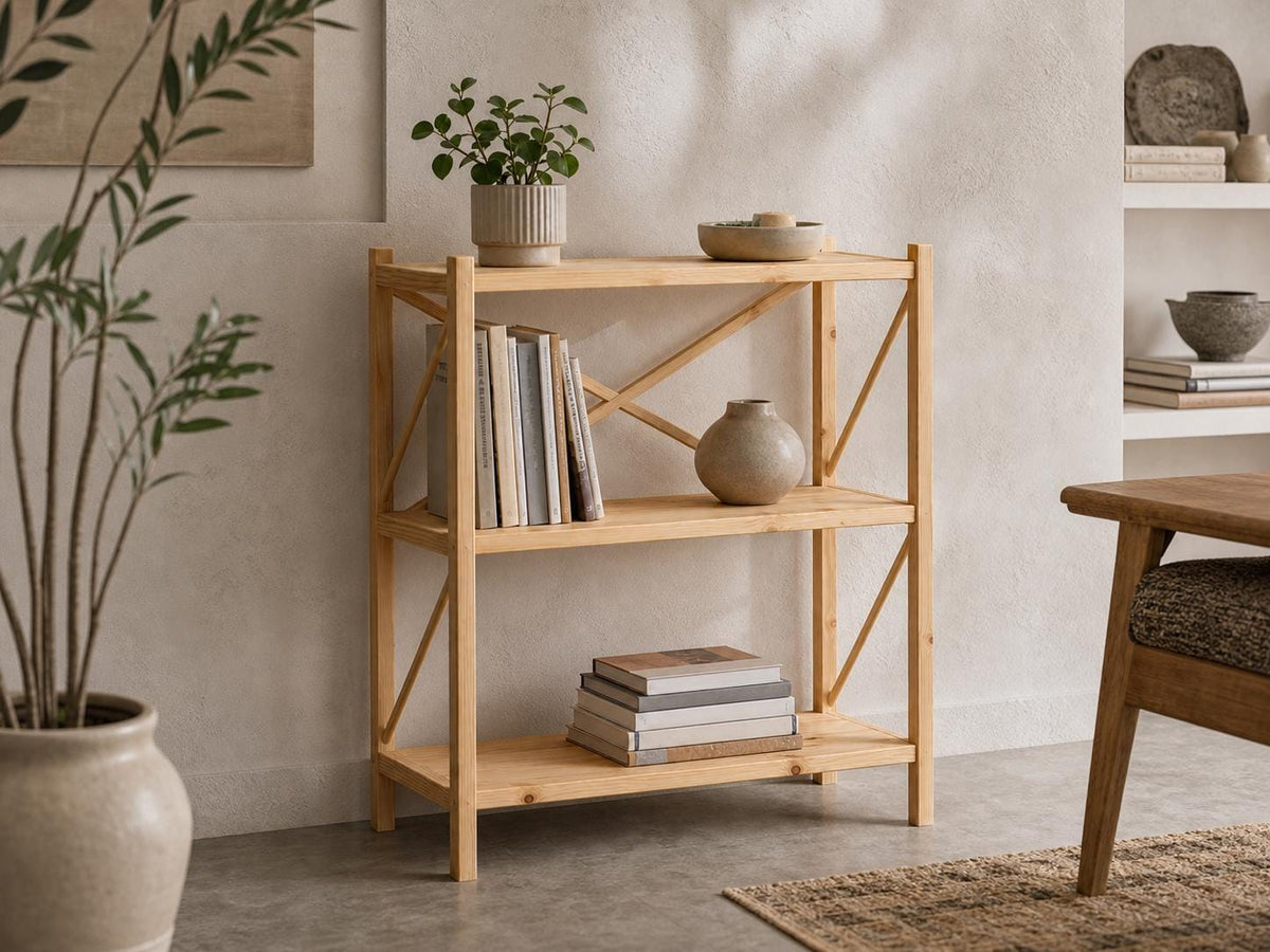 Solid Pine 3-Shelf Bookcase | Natural Wood Open Storage Furniture