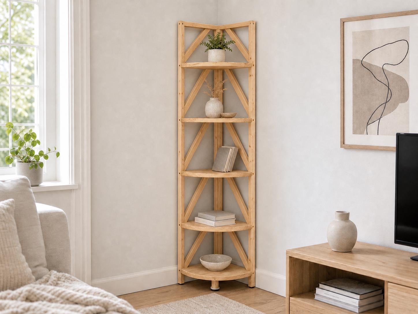 Natural Pine Corner Bookshelf, Minimalist Open Storage, Eco-Friendly Modern Furniture