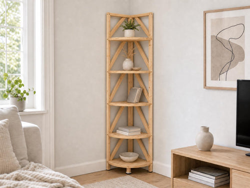 Natural Pine Corner Bookshelf, Minimalist Open Storage, Eco-Friendly Modern Furniture