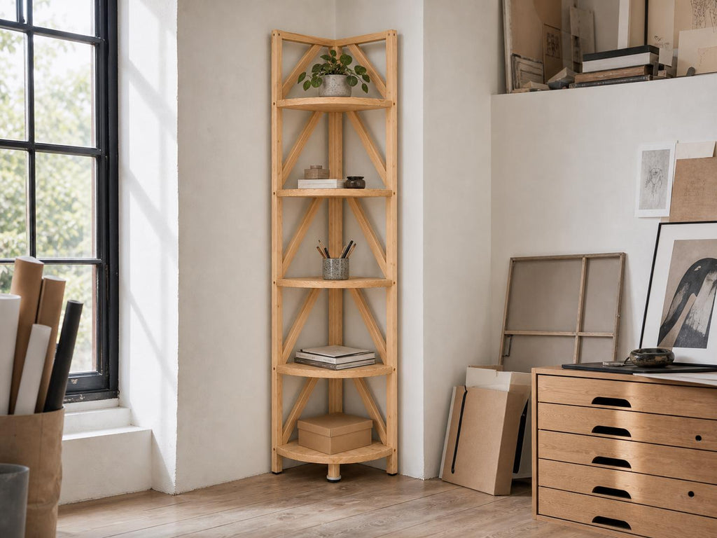 Natural Pine Corner Bookshelf, Minimalist Open Storage, Eco-Friendly Modern Furniture