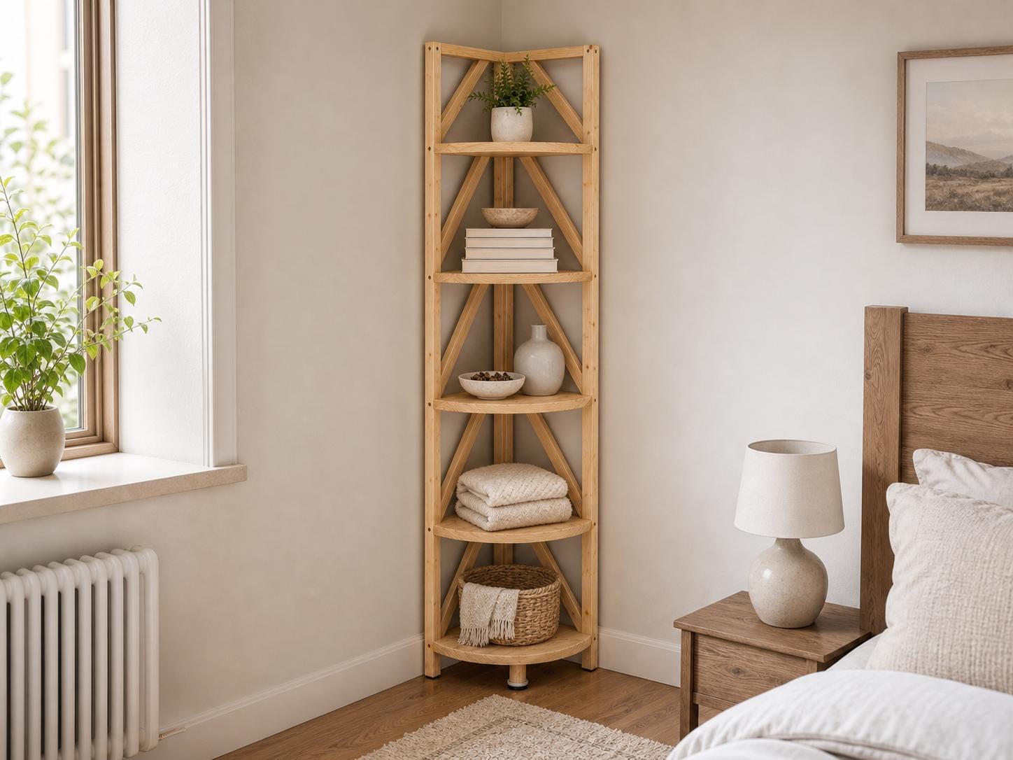 Natural Pine Corner Bookshelf, Minimalist Open Storage, Eco-Friendly Modern Furniture