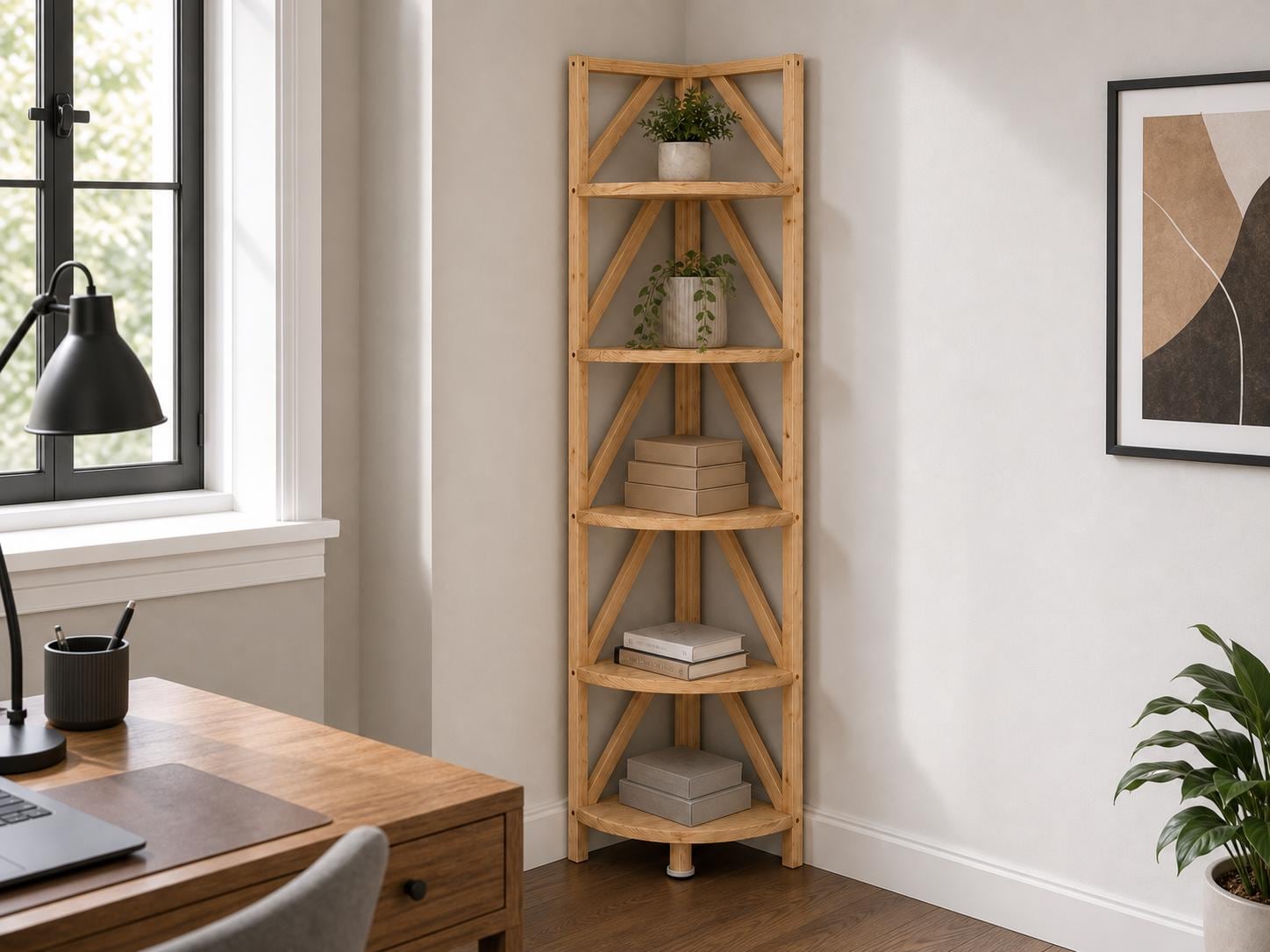 Natural Pine Corner Bookshelf, Minimalist Open Storage, Eco-Friendly Modern Furniture