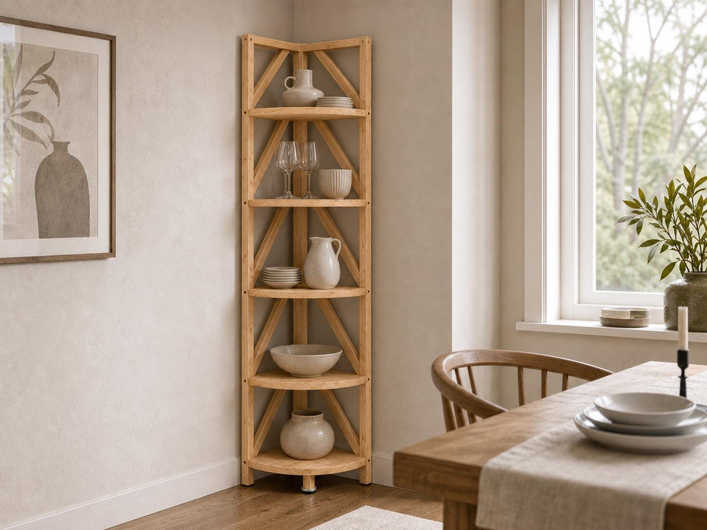 Natural Pine Corner Bookshelf, Minimalist Open Storage, Eco-Friendly Modern Furniture