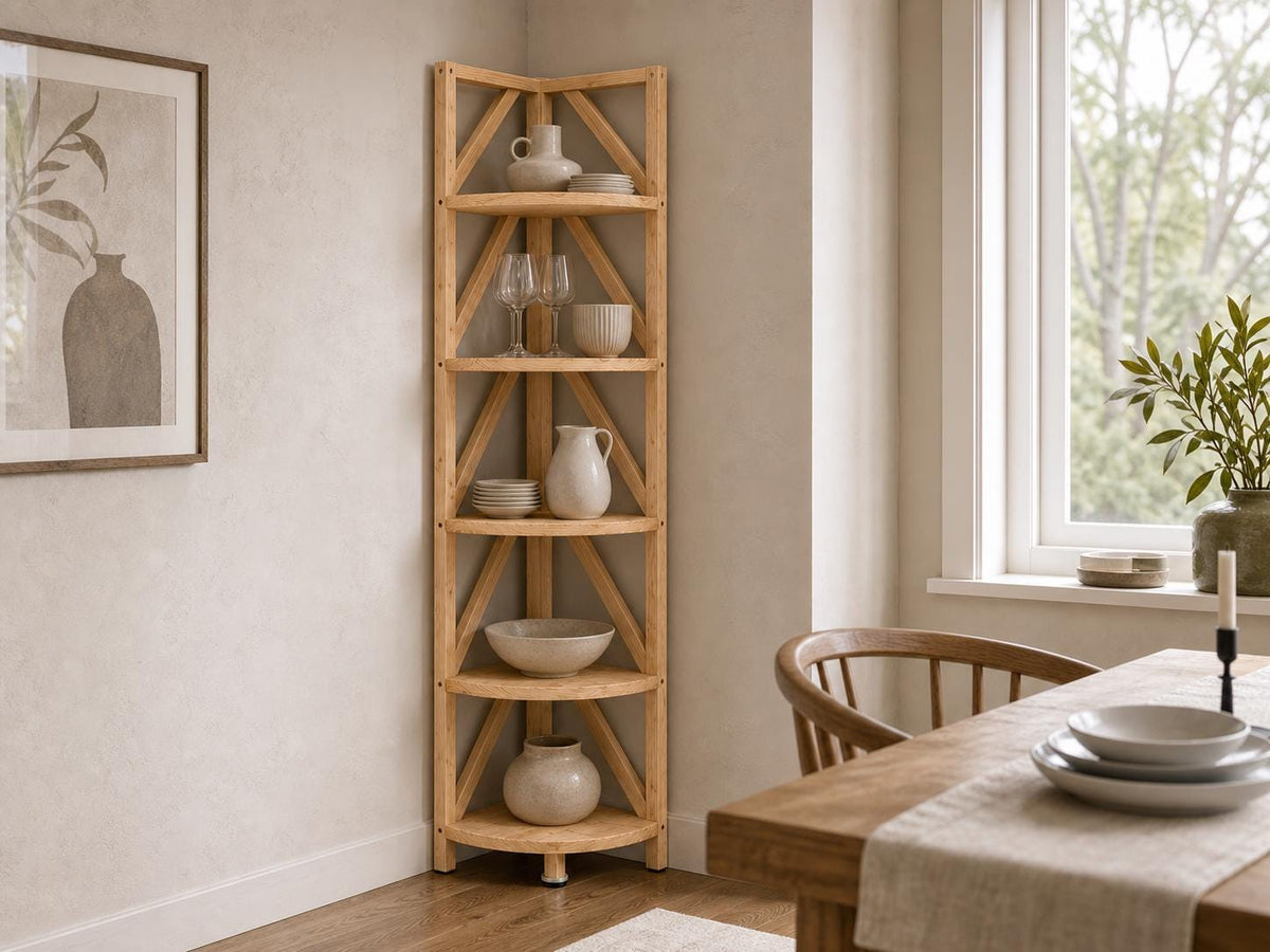 Natural Pine Corner Bookshelf, Minimalist Open Storage, Eco-Friendly Modern Furniture