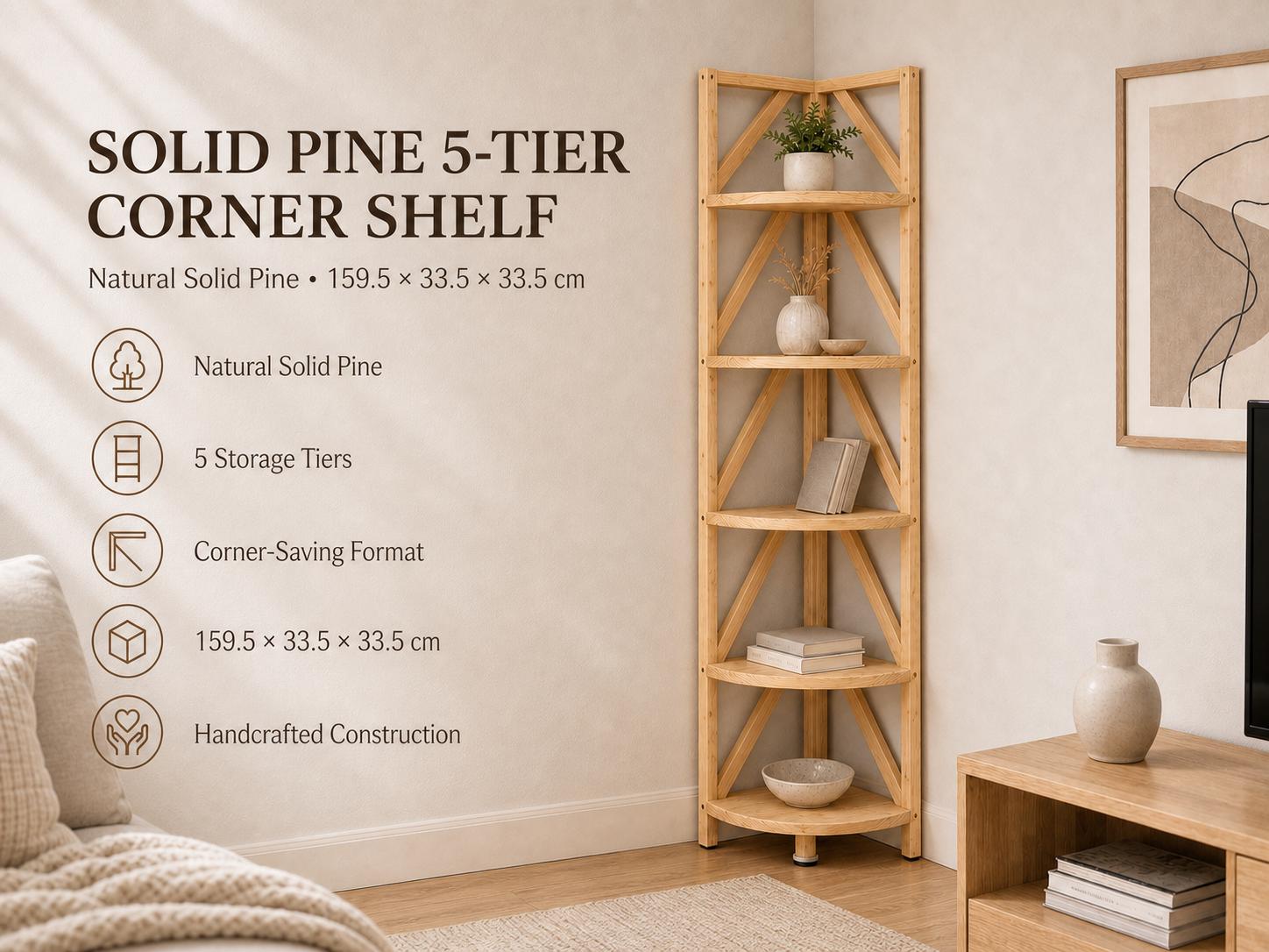 Natural Pine Corner Bookshelf, Minimalist Open Storage, Eco-Friendly Modern Furniture