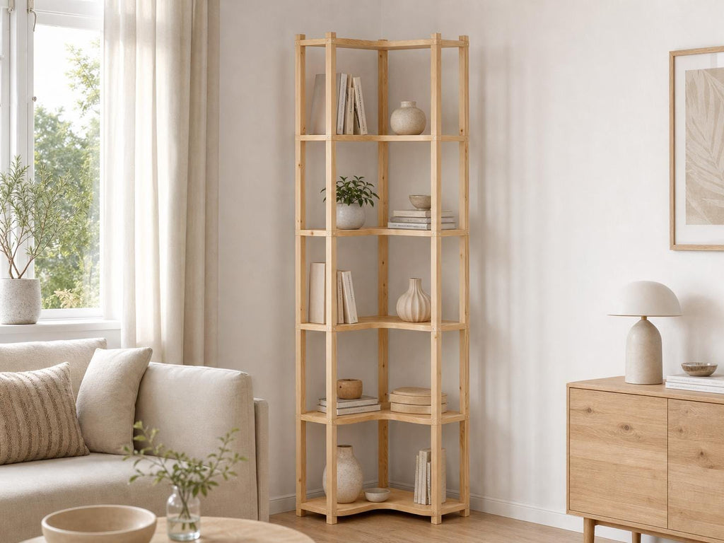 Solid Pine Corner Bookshelf | 6-Tier Minimalist Open Storage (187.1x47x47 cm)