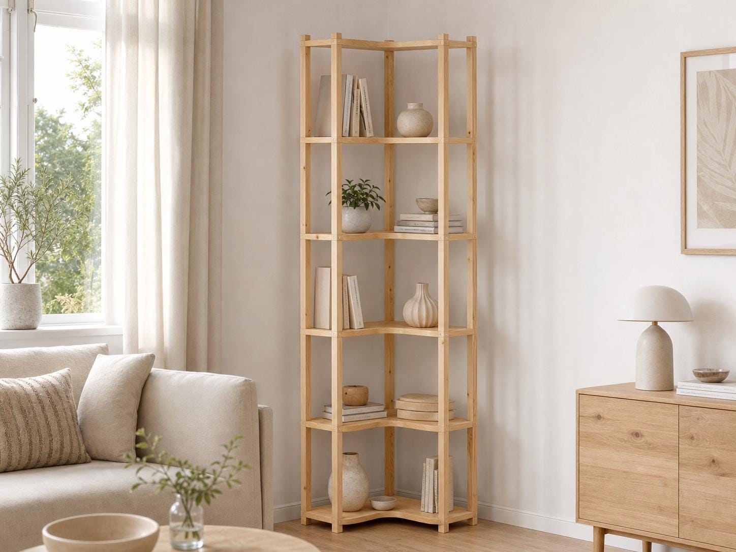 Solid Pine Corner Bookshelf | 6-Tier Minimalist Open Storage (187.1x47x47 cm)