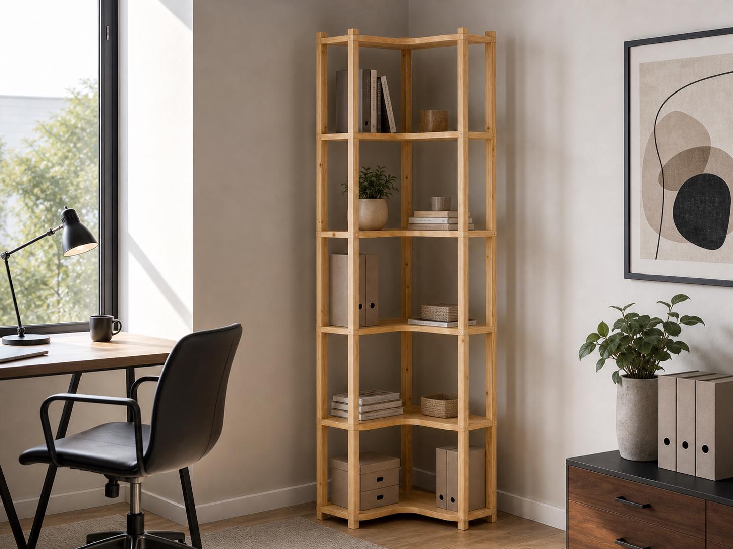 Solid Pine Corner Bookshelf | 6-Tier Minimalist Open Storage (187.1x47x47 cm)