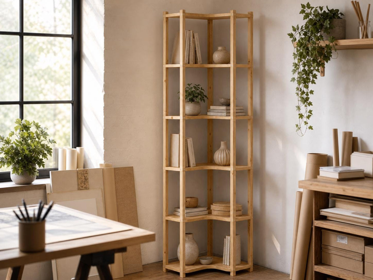 Solid Pine Corner Bookshelf | 6-Tier Minimalist Open Storage (187.1x47x47 cm)