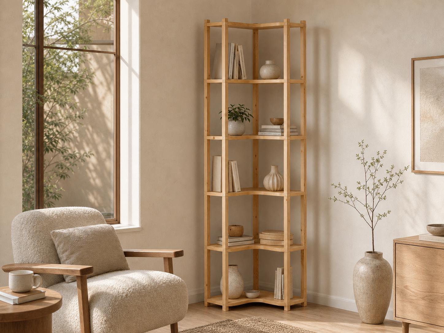 Solid Pine Corner Bookshelf | 6-Tier Minimalist Open Storage (187.1x47x47 cm)