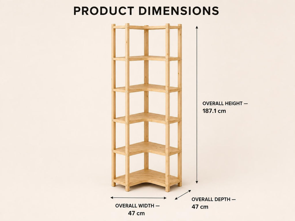 Solid Pine Corner Bookshelf | 6-Tier Minimalist Open Storage (187.1x47x47 cm)