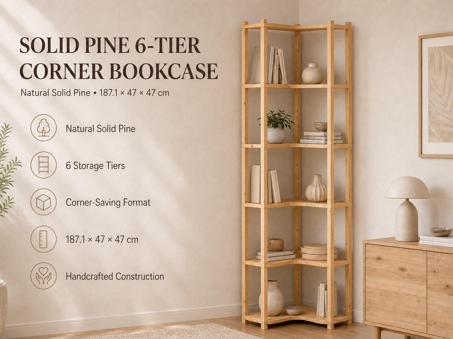 Solid Pine Corner Bookshelf | 6-Tier Minimalist Open Storage (187.1x47x47 cm)