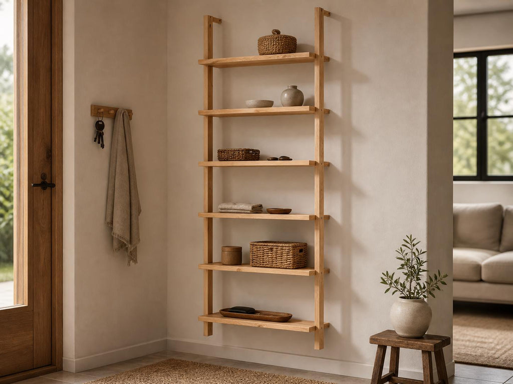 Solid Pine 6-Shelf Wall Bookcase | Natural Minimalist Open Storage