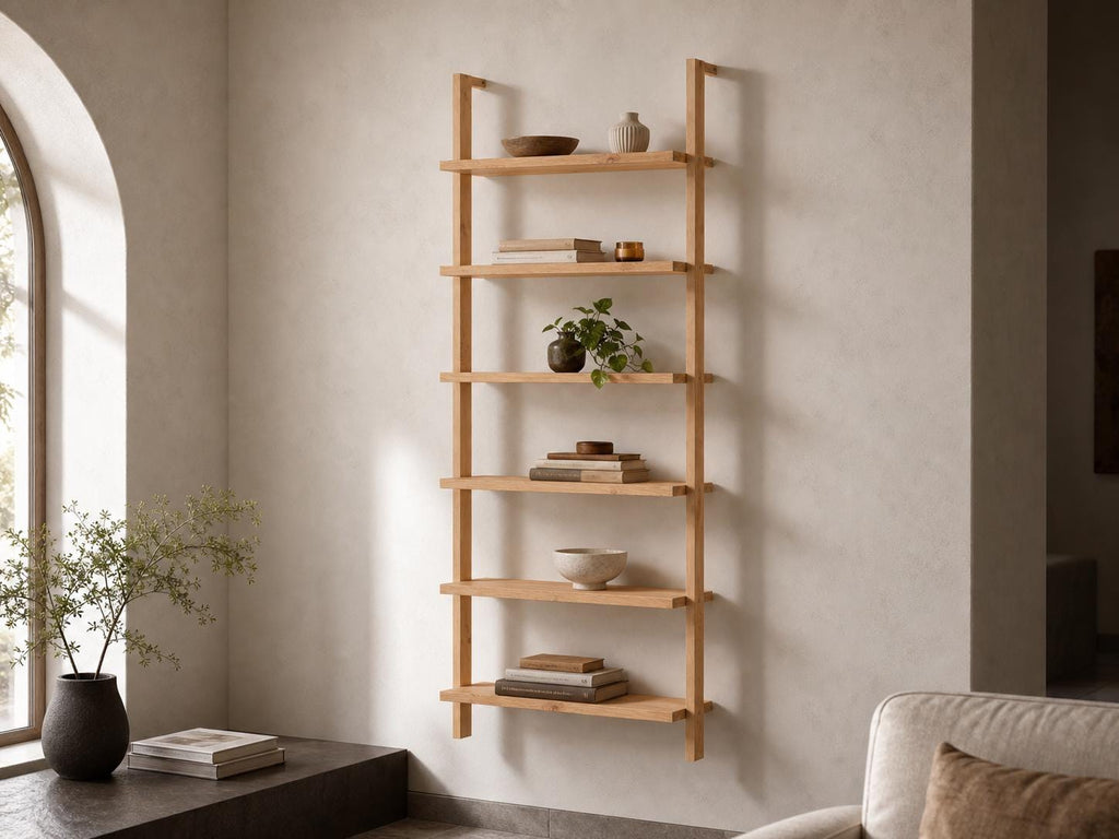 Solid Pine 6-Shelf Wall Bookcase | Natural Minimalist Open Storage