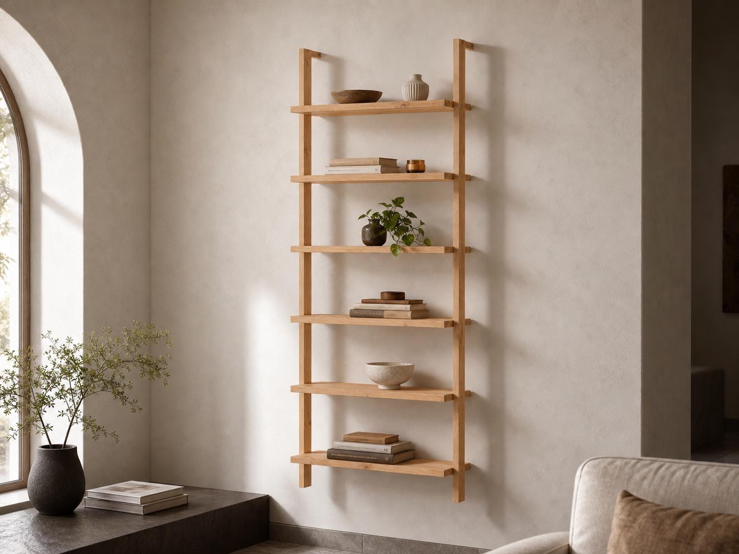 Solid Pine 6-Shelf Wall Bookcase | Natural Minimalist Open Storage