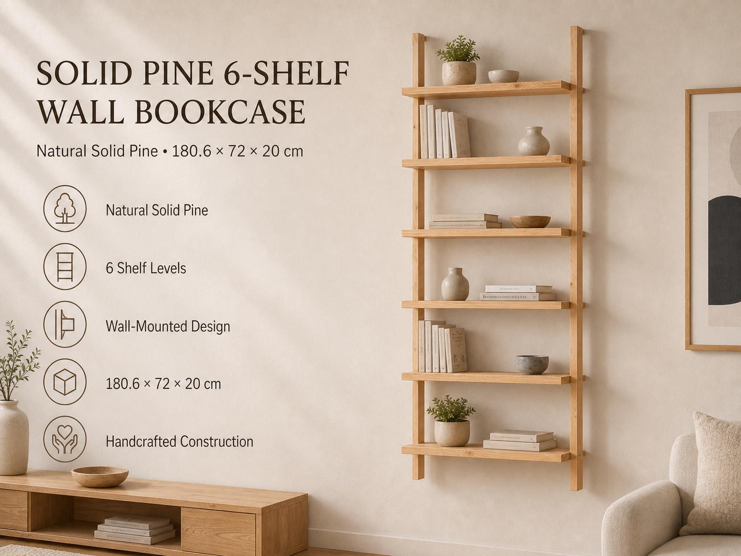 Solid Pine 6-Shelf Wall Bookcase | Natural Minimalist Open Storage