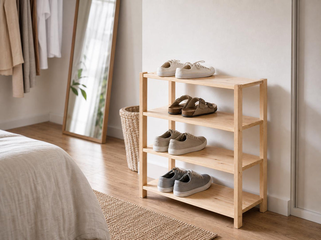 Natural Pine Wood 4-Tier Shoe Rack | Rustic Minimalist Entryway Organizer