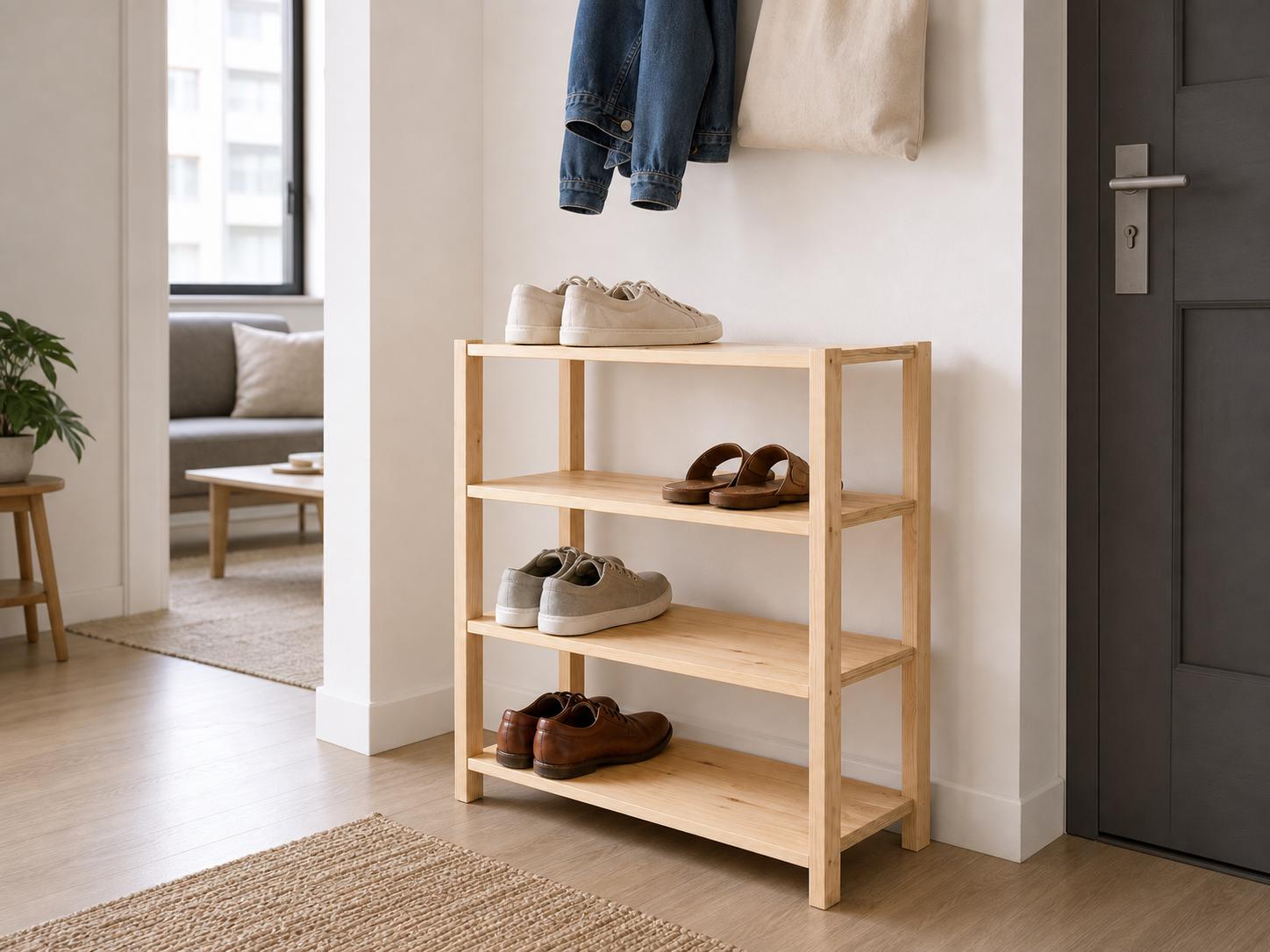 Natural Pine Wood 4-Tier Shoe Rack | Rustic Minimalist Entryway Organizer