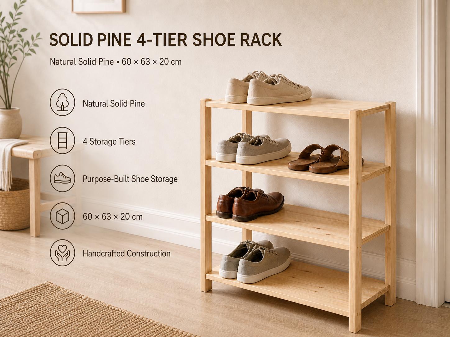 Natural Pine Wood 4-Tier Shoe Rack | Rustic Minimalist Entryway Organizer