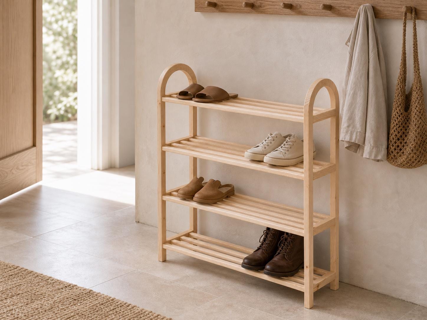 Solid Pine 4-Tier Shoe Rack, Natural Wood Entryway Organizer, Rustic Minimalist Storage