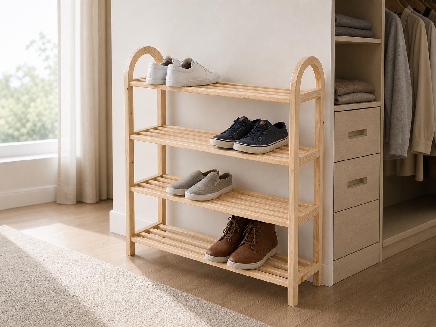 Solid Pine 4-Tier Shoe Rack, Natural Wood Entryway Organizer, Rustic Minimalist Storage