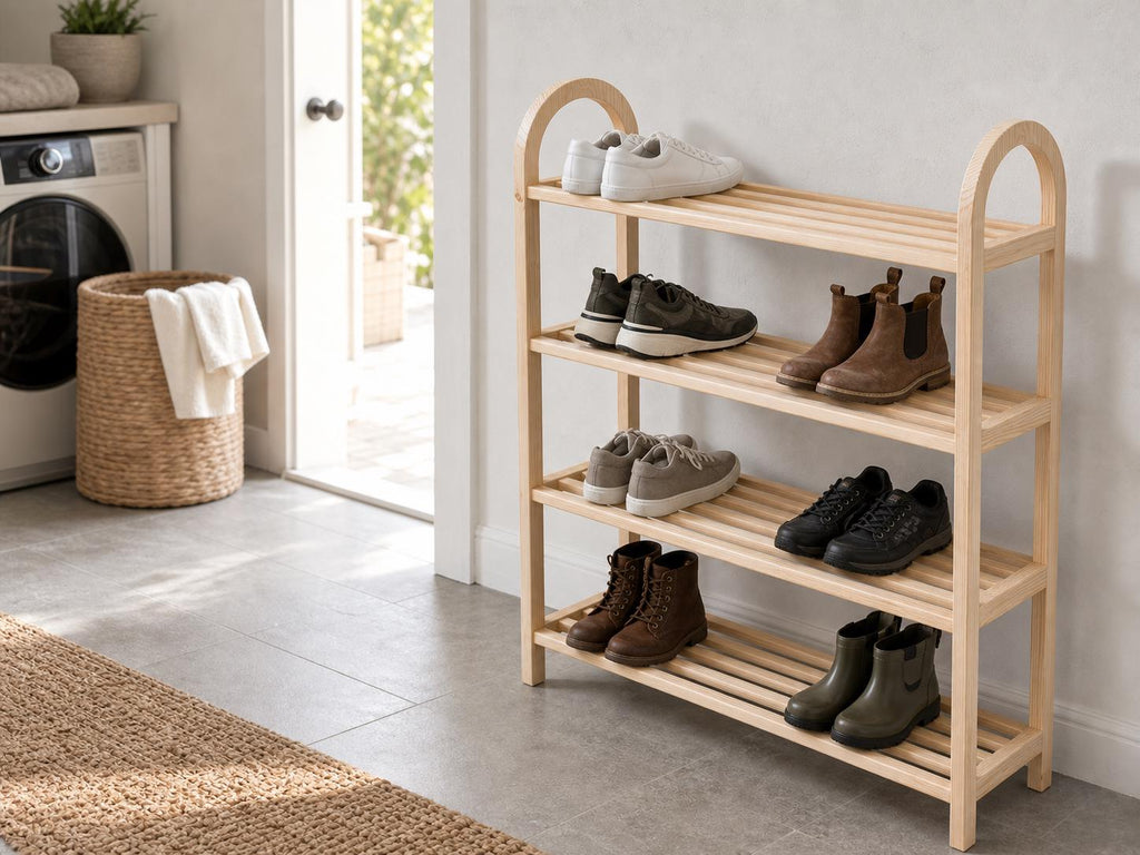 Solid Pine 4-Tier Shoe Rack, Natural Wood Entryway Organizer, Rustic Minimalist Storage
