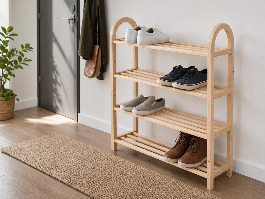 Solid Pine 4-Tier Shoe Rack, Natural Wood Entryway Organizer, Rustic Minimalist Storage