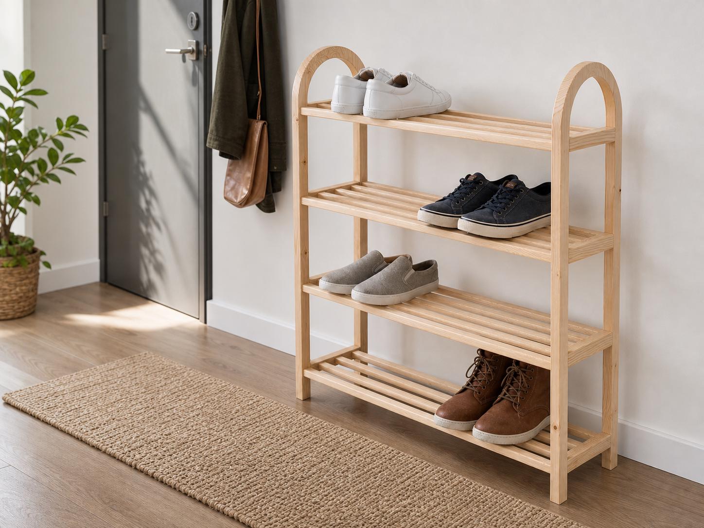 Solid Pine 4-Tier Shoe Rack, Natural Wood Entryway Organizer, Rustic Minimalist Storage