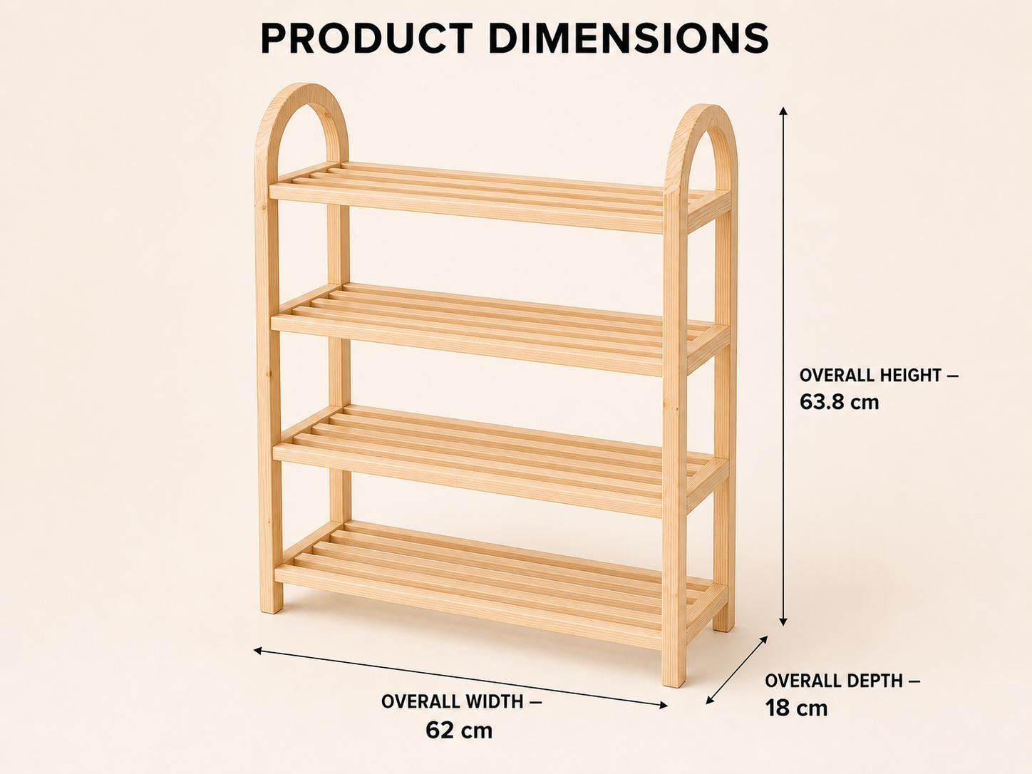 Solid Pine 4-Tier Shoe Rack, Natural Wood Entryway Organizer, Rustic Minimalist Storage